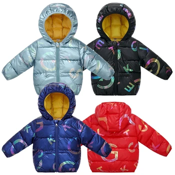 Детска зимна топла стеганая яке за момичета, есента памучен облекло с качулка и шарките от карикатура, Утолщенное палто с цветни букви за момчета, 12 м-5 ГОДИНИ